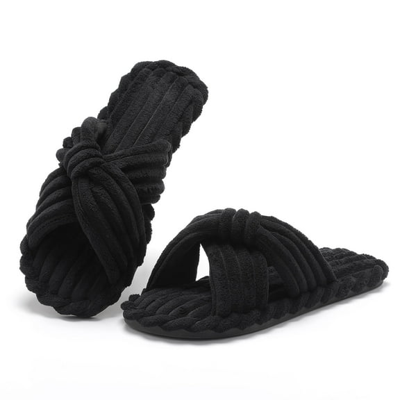 Womens Slippers House Memory Foam Corduroy Flats Bow Crossbands Open Toe Slide Bedroom Slipper Comfy Trendy Gift Shoes Black 5-6