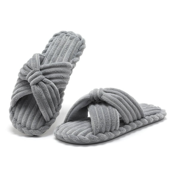 Womens Slippers House Memory Foam Corduroy Flats Bow Crossbands Open Toe Slide Bedroom Slipper Comfy Trendy Gift Shoes Gray 5-6