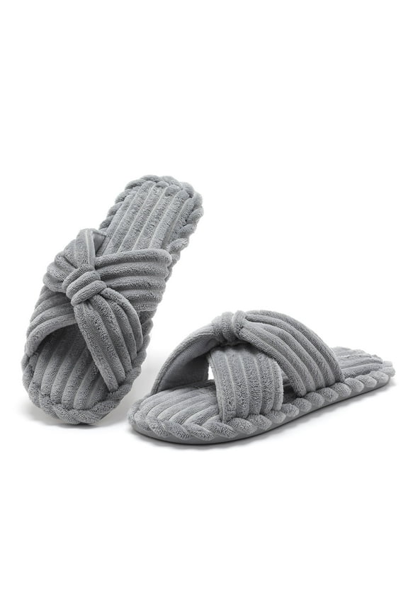 Womens Slippers House Memory Foam Corduroy Flats Bow Crossbands Open Toe Slide Bedroom Slipper Comfy Trendy Gift Shoes Gray 7-8