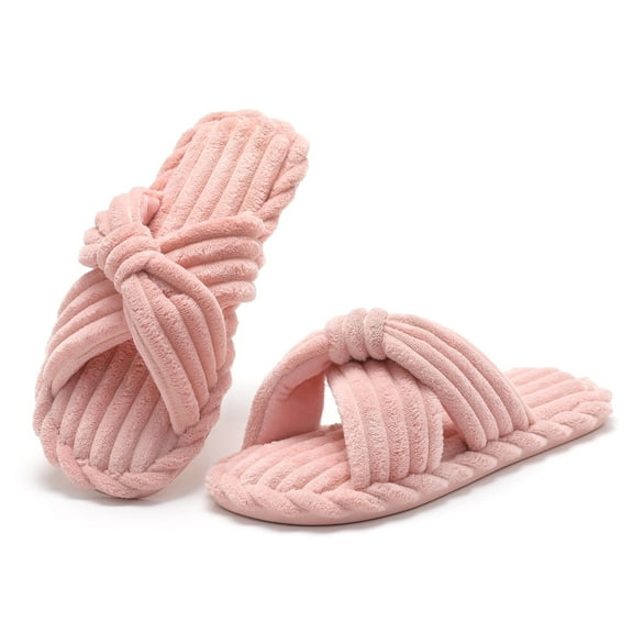 Womens Slippers House Memory Foam Corduroy Flats Bow Crossbands Open Toe Slide Bedroom Slipper Comfy Trendy Gift Shoes Pink 9-10