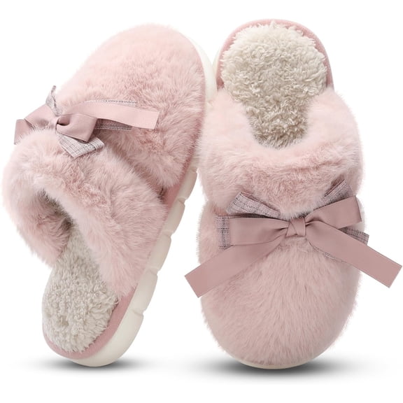 Womens Slippers Memory Foam House Slippers for Women Fuzzy Plush Comfy Faux Fur Slippers with Butterfly Tie Anti-Skid House Shoes Indoor Outdoor