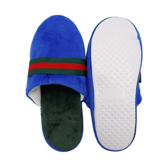 Womens Slippers Two Tone Stripe Grosgrain Band Plush Foam Rubber Sole House Shoe, Blue, One Size