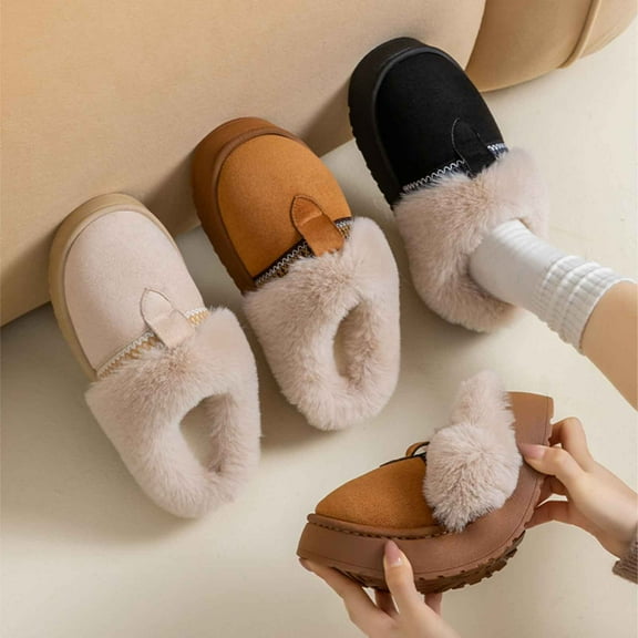 Womens Slippers Winter Round Toe Slip-on Slipper Casual Soft Thick Bottom Velvet Cozy Lining Indoor Slide Sandals
