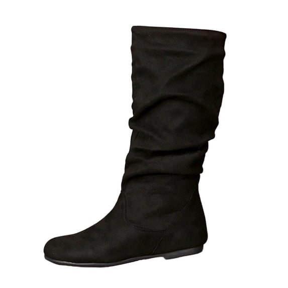 Womens Slouch Boots, Flat Heels Mid Wide Calf Zipper Ladies Fall Winter Fashion Boots Black