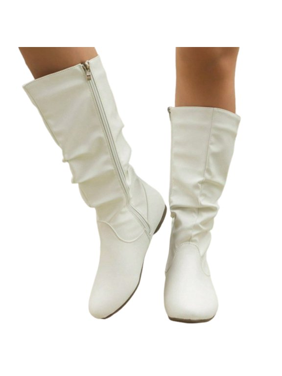 Womens Slouch Boots, Flat Heels Mid Wide Calf Zipper Ladies Fall Winter Fashion Boots White