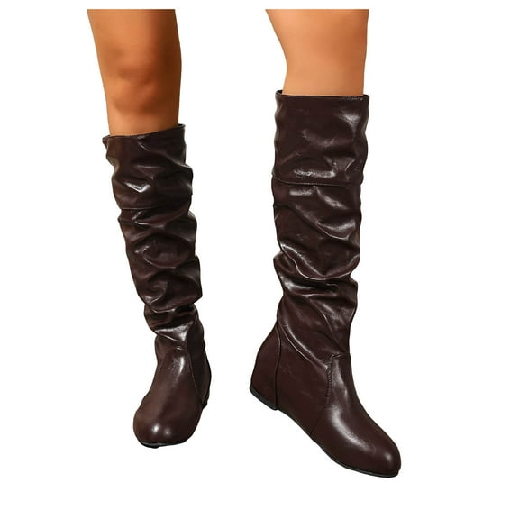 Womens Slouch Knee High Boots Casual Leather Winter Fall No Heel Over The Knee Tall Dress Boots for Ladies