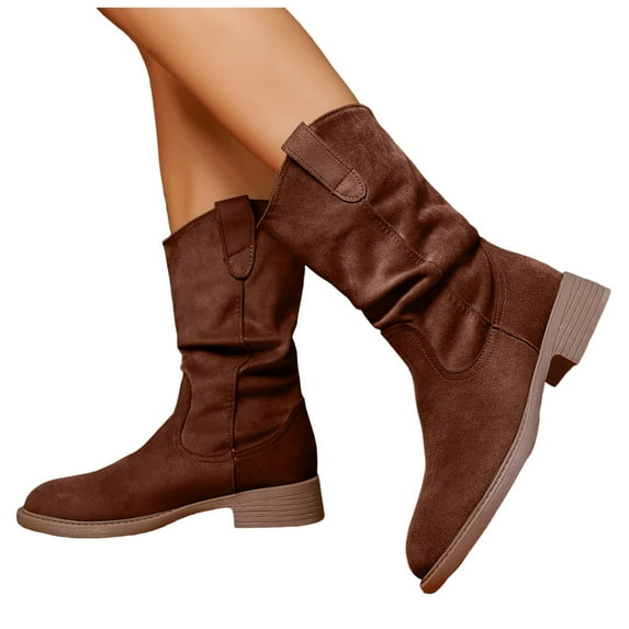 Womens Slouch Mid Calf Boots Winter Fall Casual Suede Pointed Toe Chunky Low Heel Pull on Dress Tall Boots Brown Size 6.5