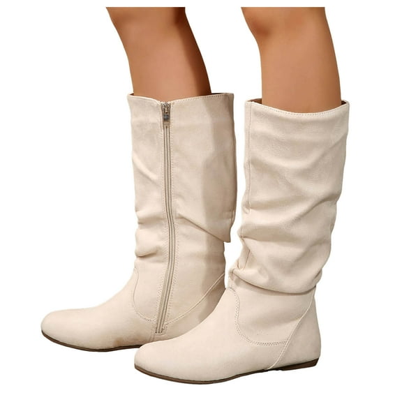 Womens Slouch Mid Calf Boots with Side Zipper Winter Fall Casual Suede No Heel Short Dress Boots for Ladies