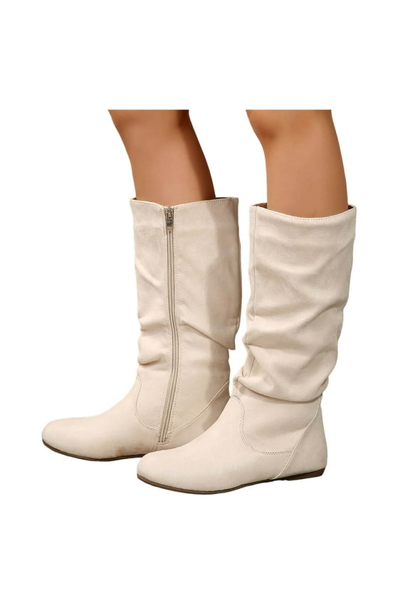 Womens Slouch Mid Calf Boots with Side Zipper Winter Fall Casual Suede No Heel Short Dress Boots for Ladies