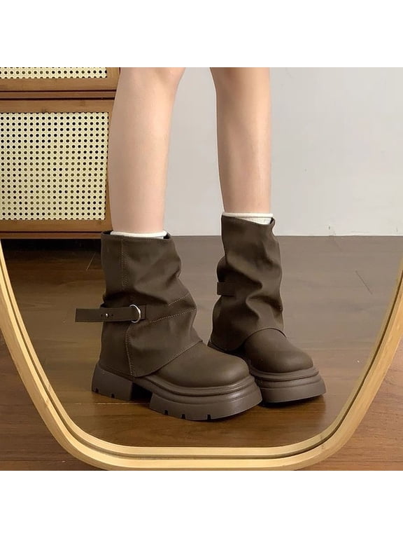Womens Slouchy Ankle Boots Fold Over Round Toe Casual Boot Pull On Wide Calf Chunky Low Heel Platform Boot Brown 6