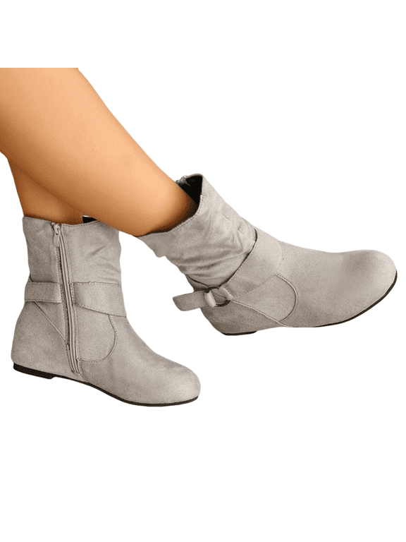 Womens Slouchy Flat Ankle Boots Hidden Wedge Heel Booties Comfort Wide Round Toe Slip On Flat Low Heel Casual Short Boots with Ring Buckle Strap for Daily Wear Gray 38