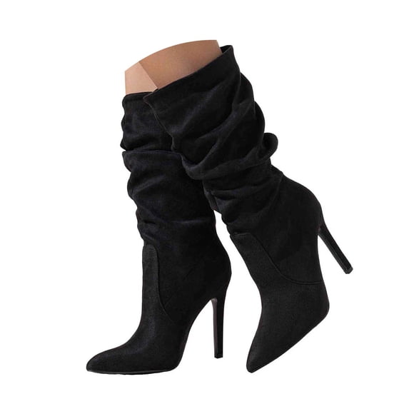Womens Slouchy Knee High Boots Wide Calf Heel Pointed Toe Pull On Long Boots