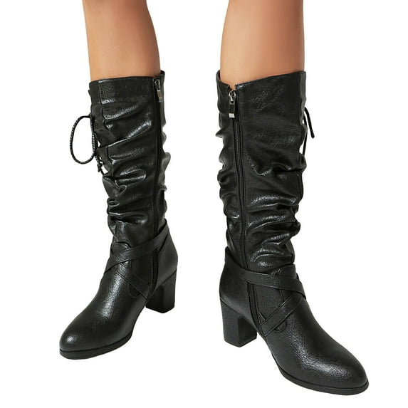 Womens Slouchy Leather Mid Calf Boots Slip On Wide Calf Fall Booties Lace Bowknot Chunky Heel Dress Shoes with Side Zipper Black 6.5
