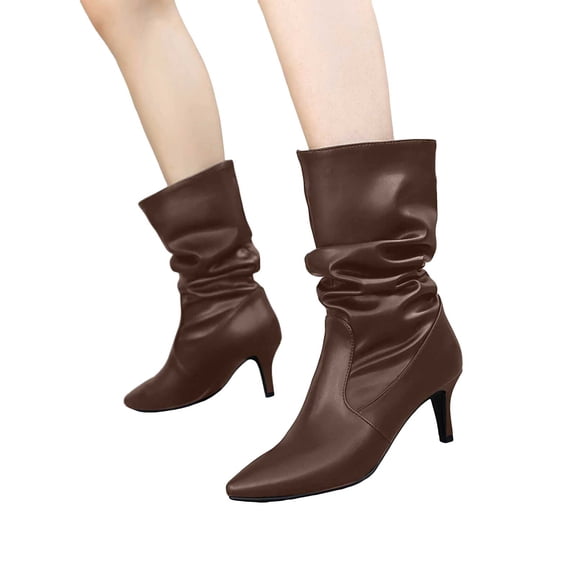 Womens Slouchy Leather Mid Calf Boots Stiletto High Heel Wide Calf Booties Pointed Toe Pull On Dress Fall Boots Brown Size 7