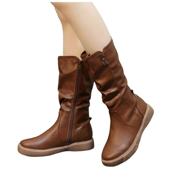 Womens Slouchy Mid Calf Riding Boots Casual Leather Round Toe Flat Low Heel Winter Fall Knight Boots