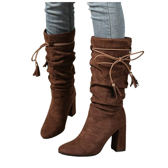 Womens Slouchy Mid Calf boots Fashion Suede Strappy Block High Heel Knee High Boots Casual Pointed Toe Dress Long Booties Coffee 8