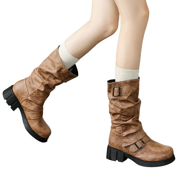 Womens Slouchy Motorcycle Boots Wide Calf Retro Leather Round Toe Chunky Heel Pull on Mid Calf Riding Booties