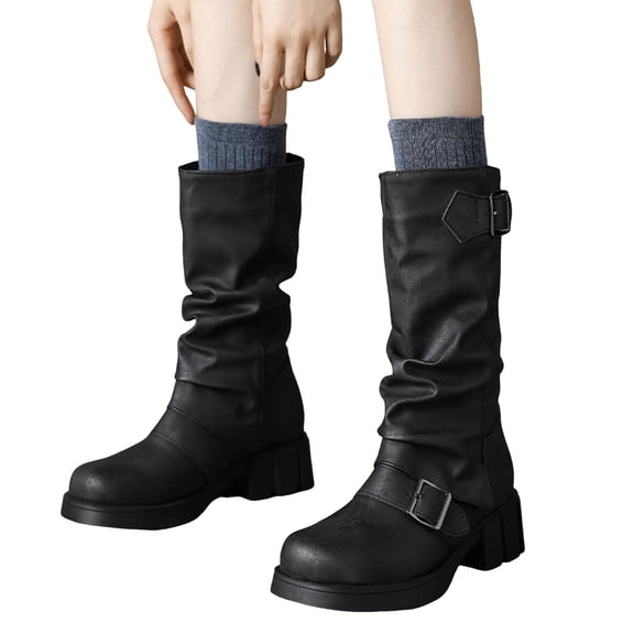 Womens Slouchy Motorcycle Boots Wide Calf Retro Leather Round Toe Chunky Heel Pull on Mid Calf Riding Booties