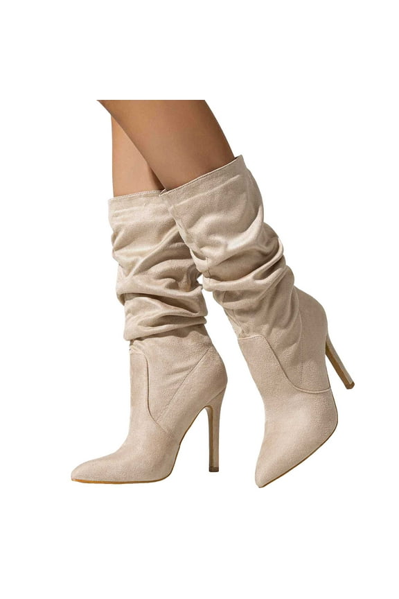 Womens Slouchy Stiletto High Heels Mid Calf Dressy Boots for Ladies Winter Fall Fashion Suede Pumps Tall Boots