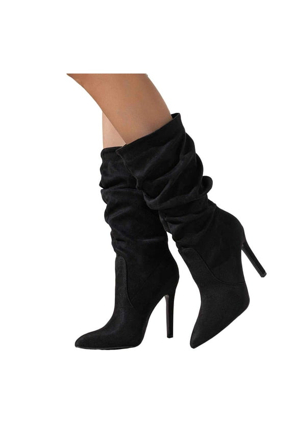 Womens Slouchy Stiletto High Heels Mid Calf Dressy Boots for Ladies Winter Fall Fashion Suede Pumps Tall Boots
