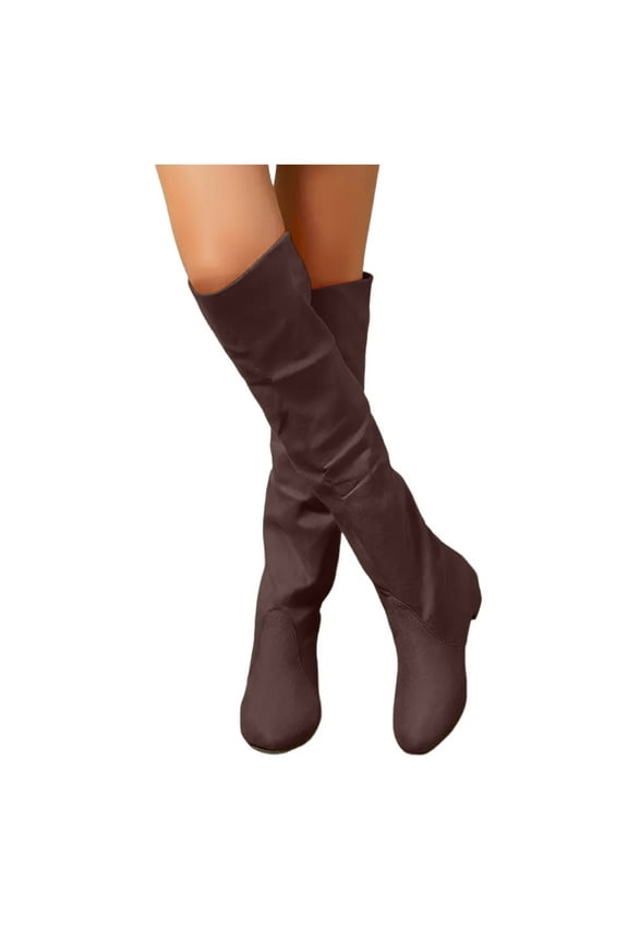 Womens Slouchy Thigh High Boots Fashion Solid Color Suede Low Heel over The Knee Length Long Tall Dress Boots