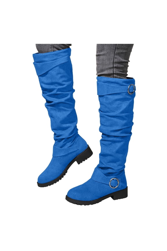 Womens Slouchy Wide Mid Calf Boots Suede Low Heel Buckle Strap Knee High Boots Casual Dress Round Toe Tall Riding Boots