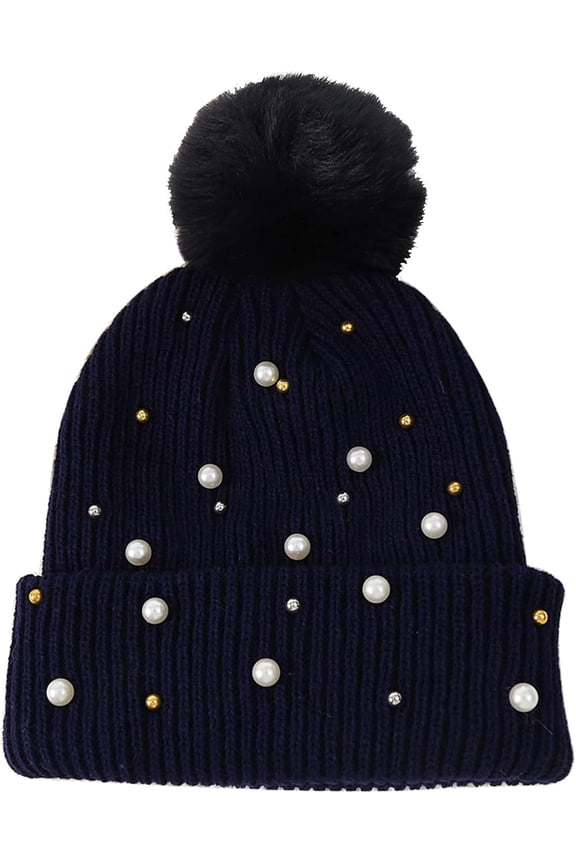 Womens Slouchy Winter Beanie Hat with Fur Ball Pompom Beanie Pearl Beads Fall Hat Warm Thick Knit Skull Ski Cap