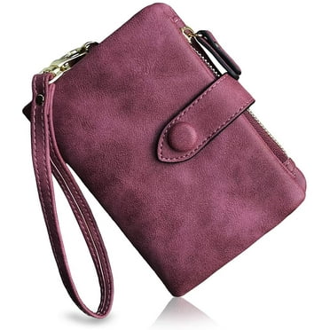 Womens Small Bifold Leather Wallets Rfid Ladies Wristlet with Card slots id window Zipper Coin Purse(Fuchsia)