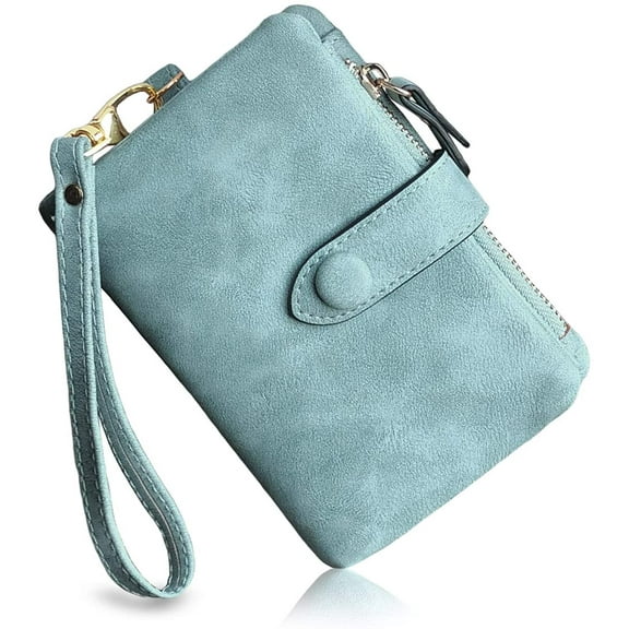 Womens Small Bifold Leather Wallets Rfid Ladies Wristlet with Card slots id window Zipper Coin Purse(Light Blue)