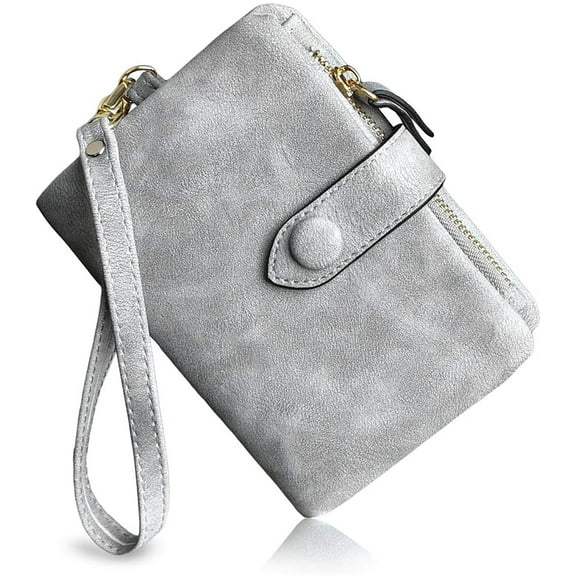 Womens Small Bifold Leather Wallets Rfid Ladies Wristlet with Card slots id window Zipper Coin Purse(Light Grey)