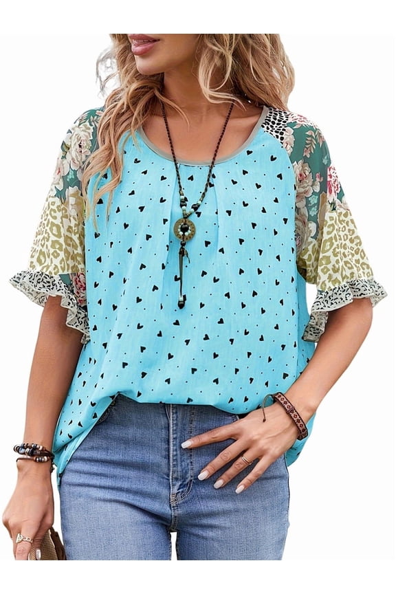 Womens Small Heart Floral Printed Flared Sleeves Shirt Loose Tops Blouses Pullover XXL