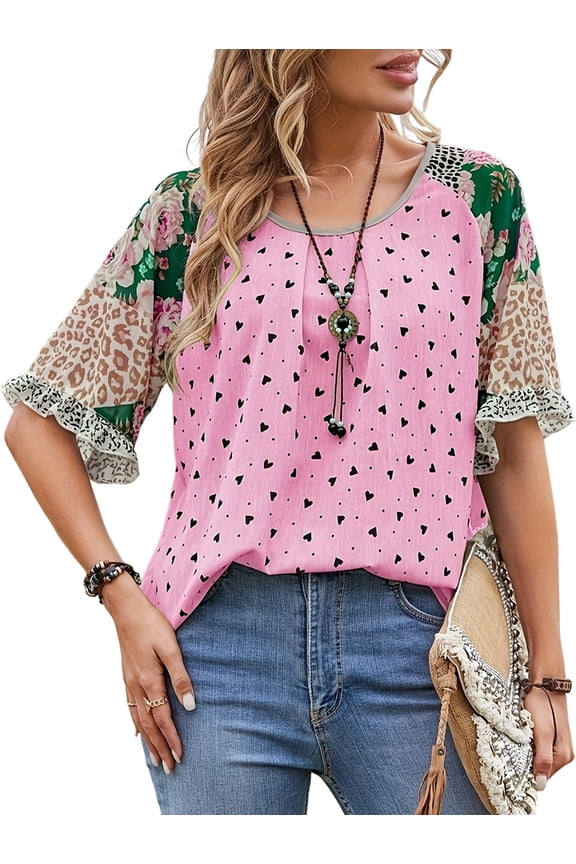 Womens Small Heart Floral Printed Flared Sleeves Shirt Loose Tops Blouses Pullover