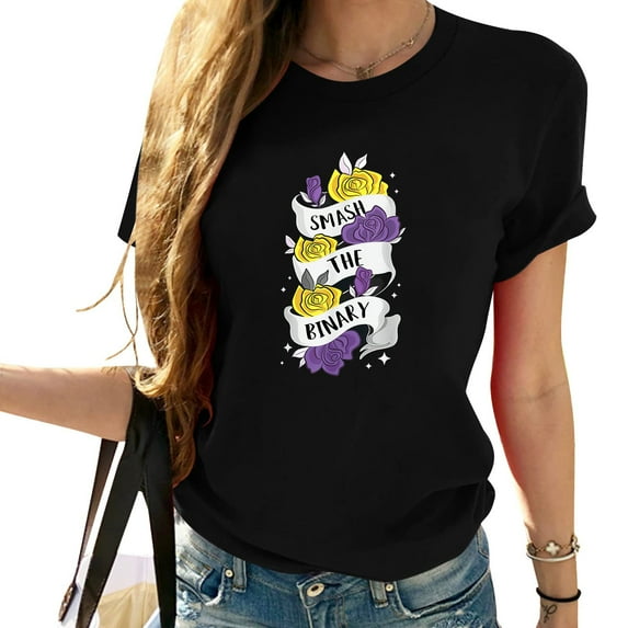 Womens Smash The Binary Gender Fluid Roses Non-Binary T-Shirt Black 2X-Large
