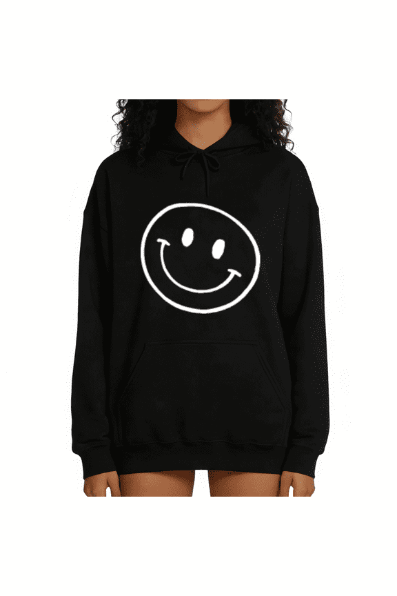 Womens Smiley Face Print Hoodie Oversized Black Trendy Casual Daily Wear Gift Tops S-2XL