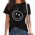 thumbnail image 1 of Womens Smiley Face Print Tshirt Graphic Tees Shirts Black Casual Happy Vibes Daily Wear Back To School Holiday Outfit Tops S-5XL, 1 of 5