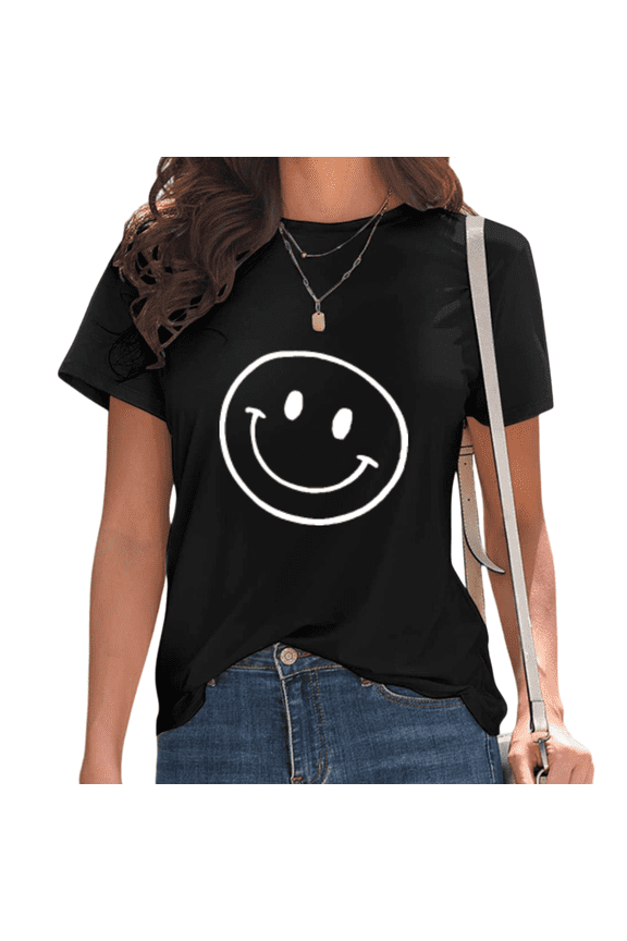 Womens Smiley Face Print Tshirt Graphic Tees Shirts Black Casual Happy Vibes Daily Wear Back To School Holiday Outfit Tops S-5XL