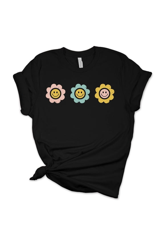 Womens Smiling Happy Face Flowers Unisex Fit Short Sleeve T-shirt Graphic Tee-Black-xl