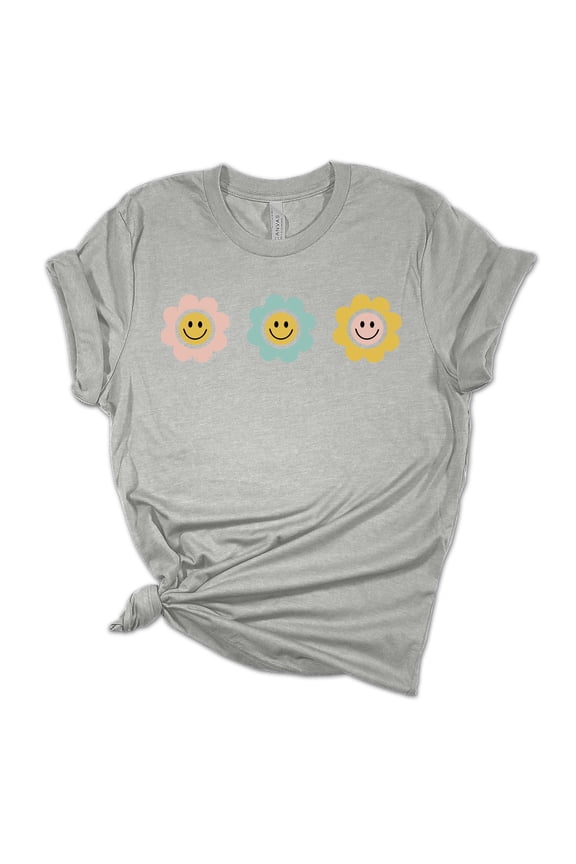 Womens Smiling Happy Face Flowers Unisex Fit Short Sleeve T-shirt Graphic Tee-Sports Grey-large