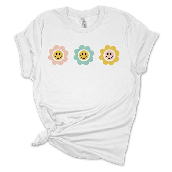 Womens Smiling Happy Face Flowers Unisex Fit Short Sleeve T-shirt Graphic Tee-White-large