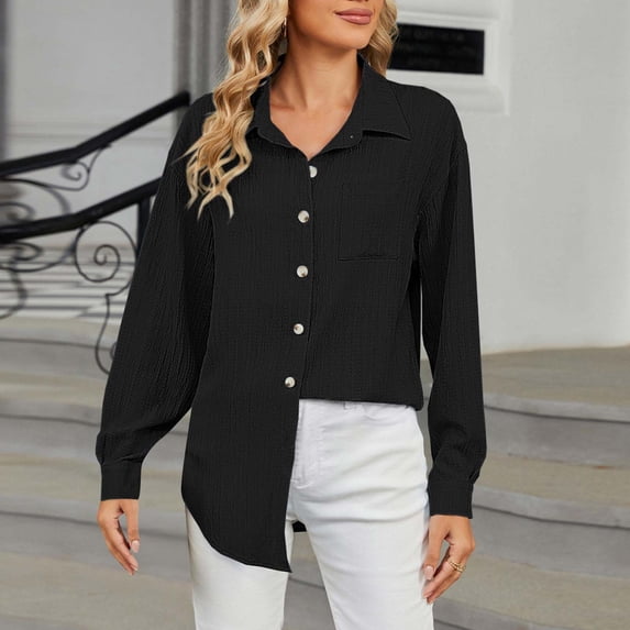 Womens Smocked Cuffed Dress Shirt Casual Collar Long Sleeve Oversized Button Down Blouse Tops with Pocket Shirred Black S