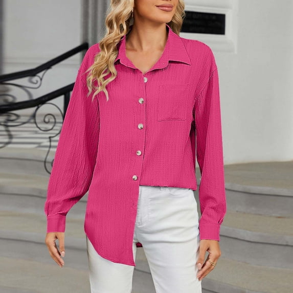 Womens Smocked Cuffed Dress Shirt Casual Collar Long Sleeve Oversized Button Down Blouse Tops with Pocket Shirred Hot Pink M