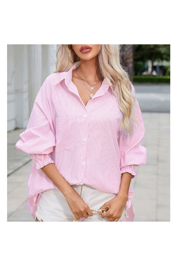 Womens Smocked Cuffed Striped Boyfriend Shirt Casual Collar Long Sleeve Oversized Button Down Blouse Tops with Pocket Shirred