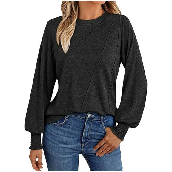 Womens Smocked Cuffs Shirts Pleated Striped Long Sleeve Top Cusual Crew Neck Blouses Solid Pullover Tops Trendy Fall Clothes