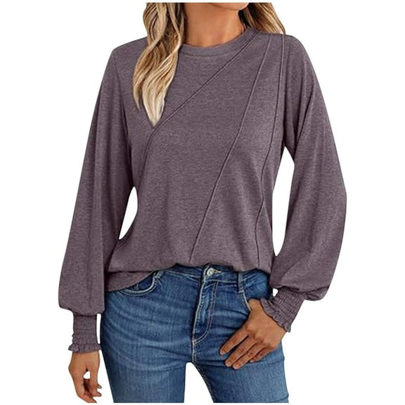 Womens Smocked Cuffs Shirts Pleated Striped Long Sleeve Top Cusual Crew Neck Blouses Solid Pullover Tops Trendy Fall Clothes