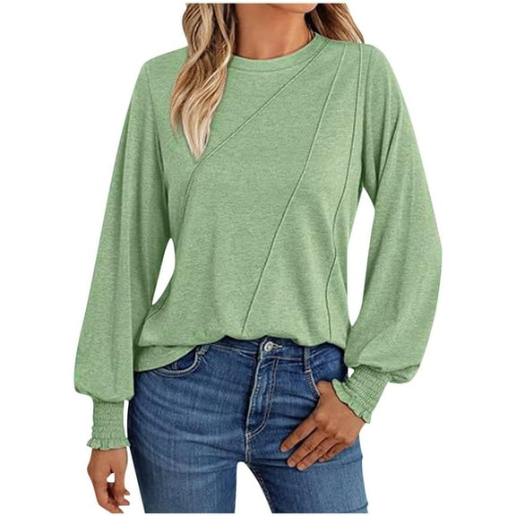 Womens Smocked Cuffs Shirts Pleated Striped Long Sleeve Top Cusual Crew Neck Blouses Solid Pullover Tops Trendy Fall Clothes