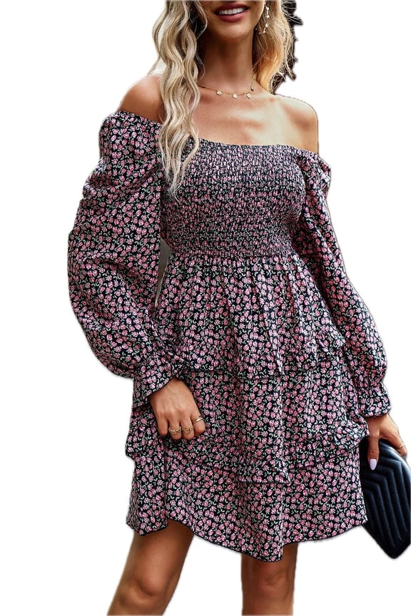 Womens Smocked Flounce Sleeve Ruffled Dress Layered Sheer Overlay 100% Polyester For Day To Night Occasion Party