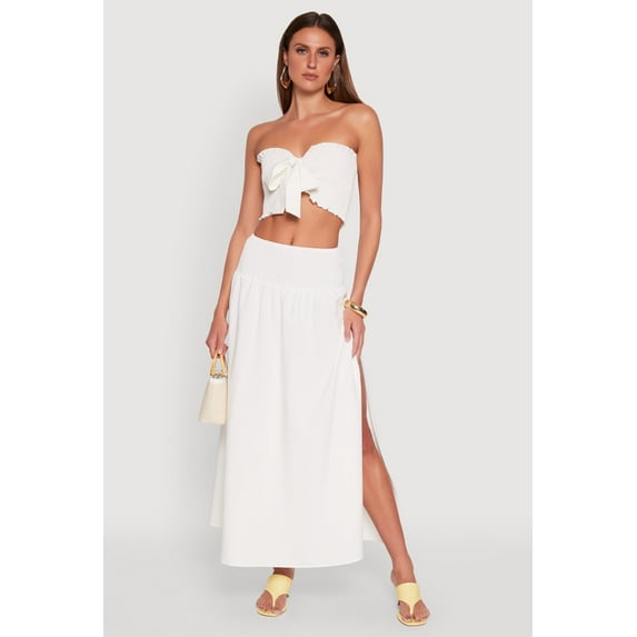 Womens Smocked High Waist Side Slit Skirt