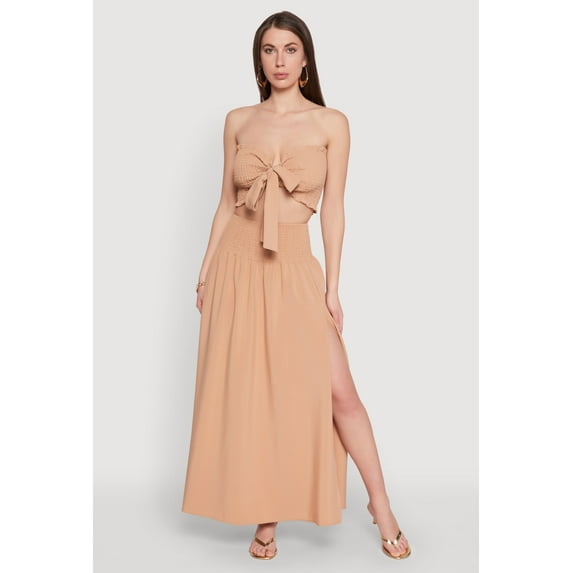 Womens Smocked High Waist Side Slit Skirt