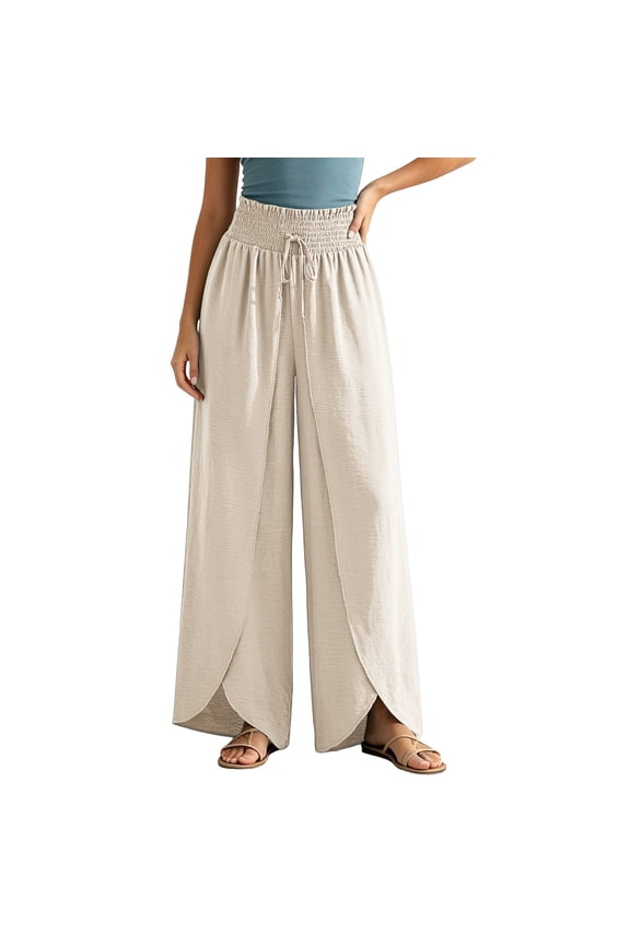 Womens Smocked High Waisted Wide Leg Pants Tulip Hem Silky Flowy Pants Casual Vacation Trousers Beige M