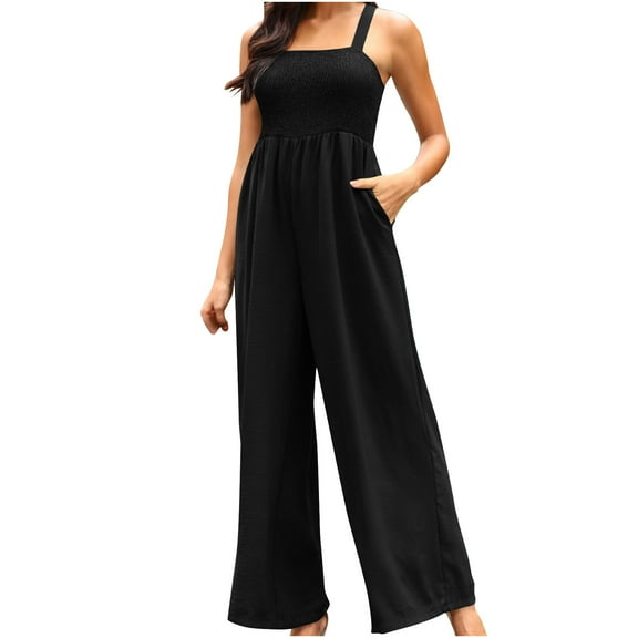 Womens Smocked Jumpsuit Dressy Casual High Waist Rompers with Pocket Wide Leg Sleeveless Office Work Jumpsuit, Black, L